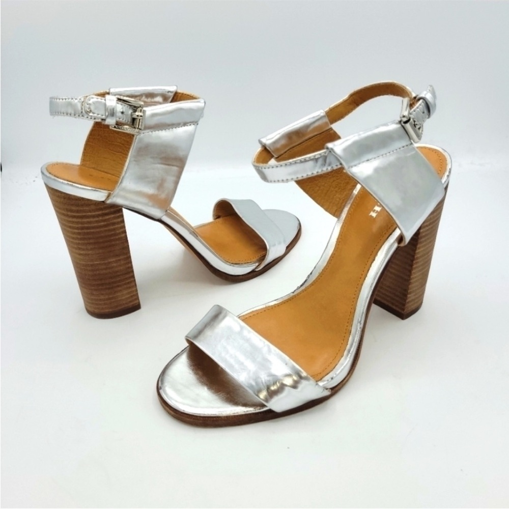 Coach Women’s Shoes Lexey Metallic Block Heels Sandals Silver size 5.5